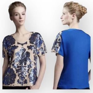 TRACY Reese Neiman Royal Gold Sequin Marcus Shirt Dolman Short Sleeve Size S NWT